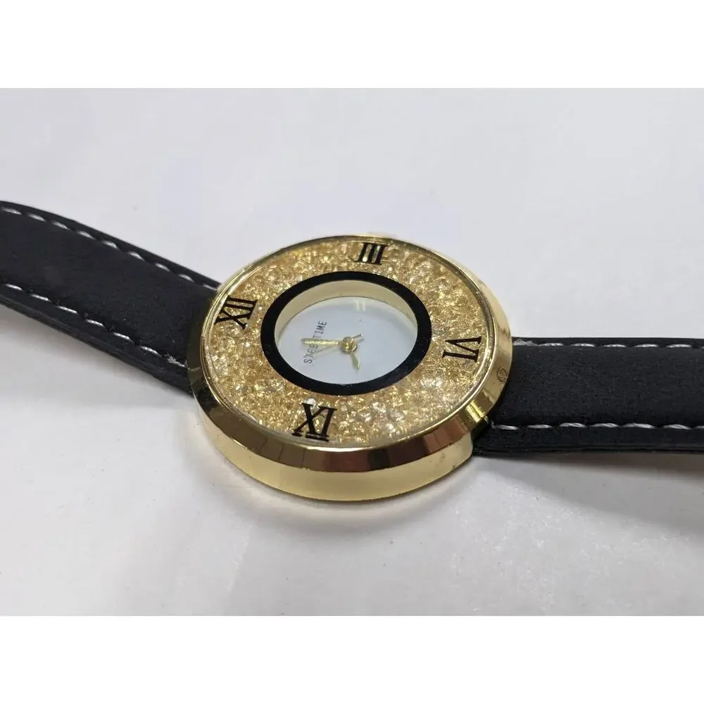 Steeltime Wrist Watch Black Faux Leather Loose Crystal Window Dial Roman Numeral